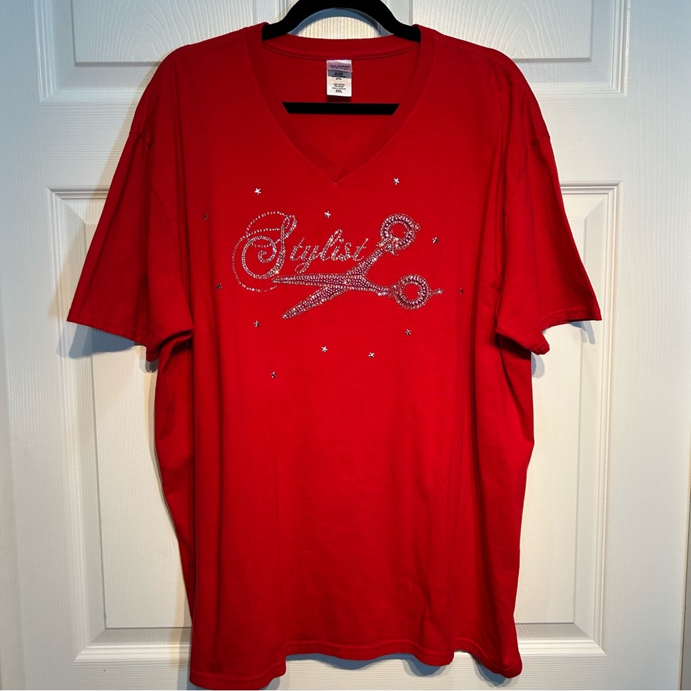Red T-Shirt with Rhinestone Hair Stylist Scissors Size 2X